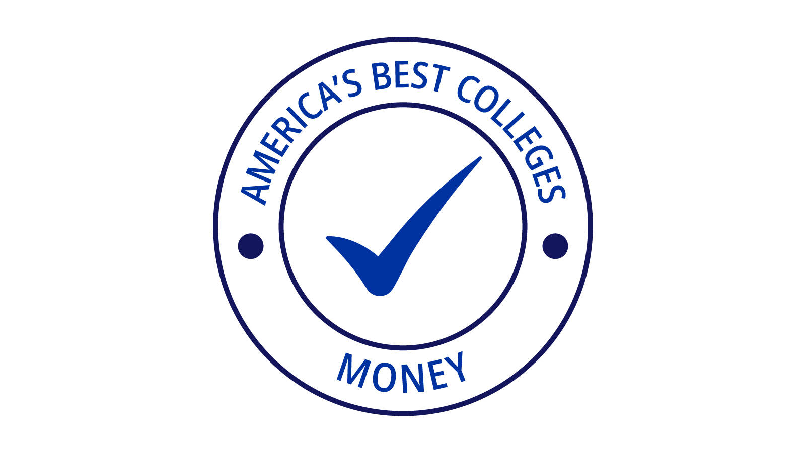 A circle with a checkmark in the middle and the words, "America's Best Colleges, Money" around the checkmark.